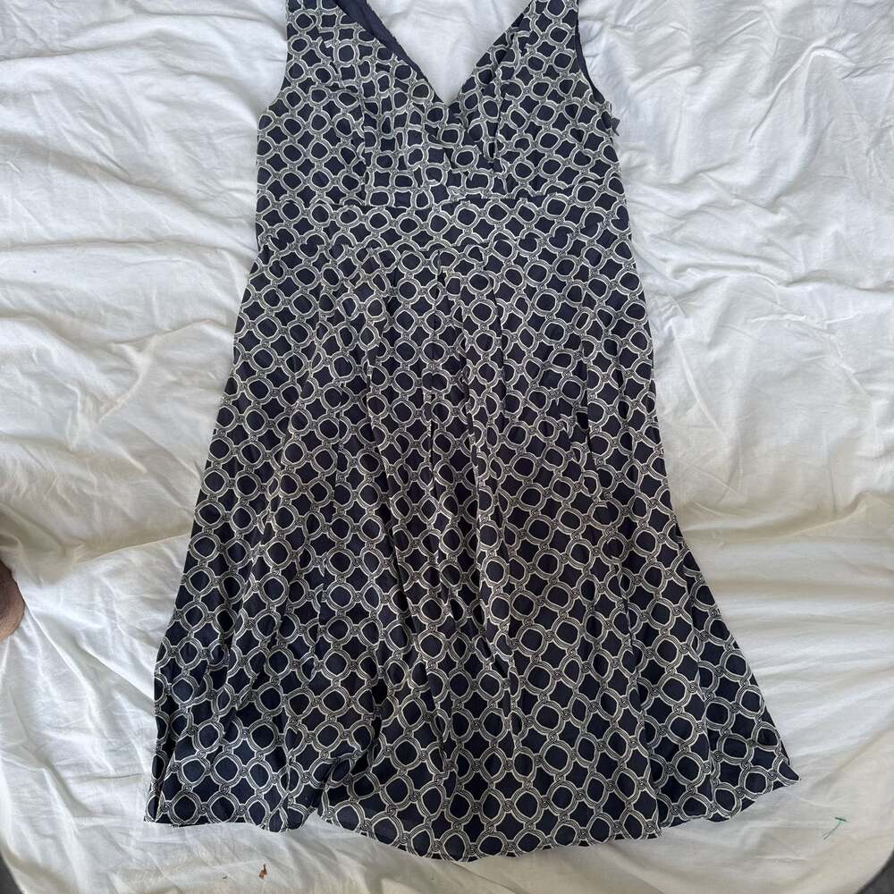 Lands' End Navy & White Geometric Sleeveless V-Neck Sundress